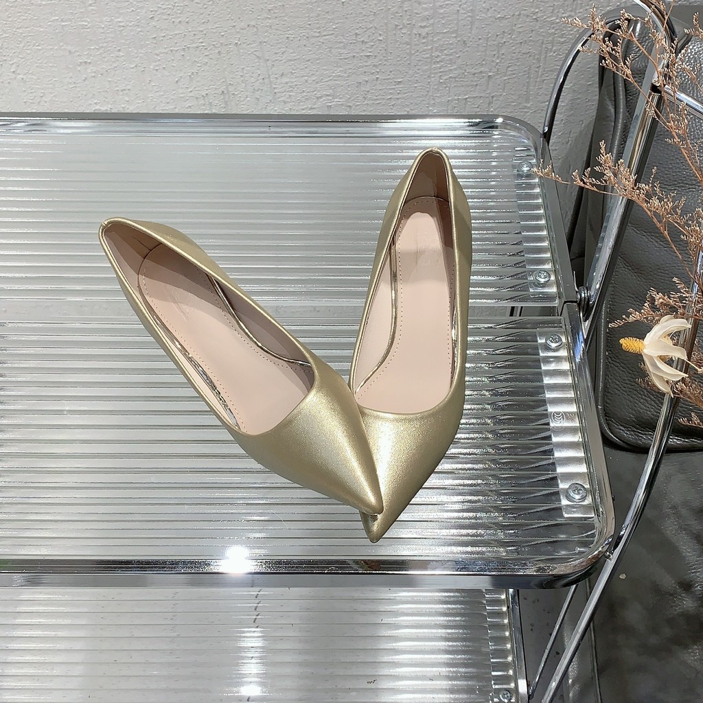 Spring and summer new model gold shallow high-heeled pointed-toe shoes, low-heeled women's shoes, el
