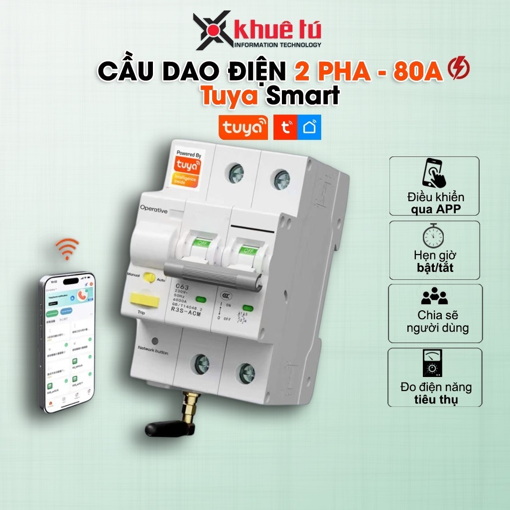 Aptomat Wifi, Cầu Dao Tổng Điều Khiển Qua Wifi, RS485 Tuya 80A, đo điện năng, BH 12 tháng