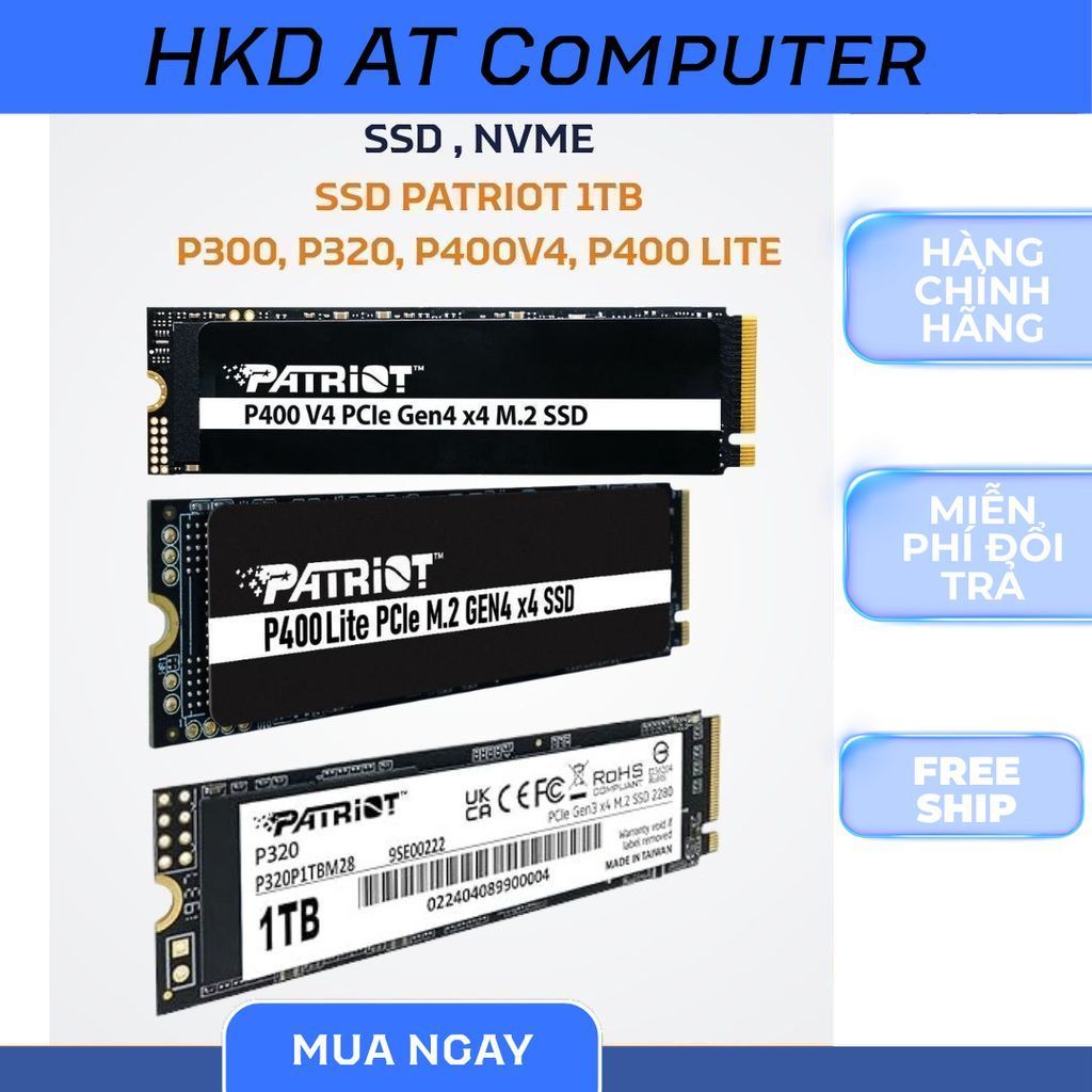 Ổ cứng SSD Patriot P300, P320, P400v4, P400 Lite  1TB M.2 2280 PCIe Gen3 x4 - BH 60 tháng