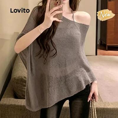 (New Arrival) Lovito Áo thun nữ mùa xuân/hè màu xám tay lệch vai bất đối xứng phong cách thường ngày TSK8P2D482