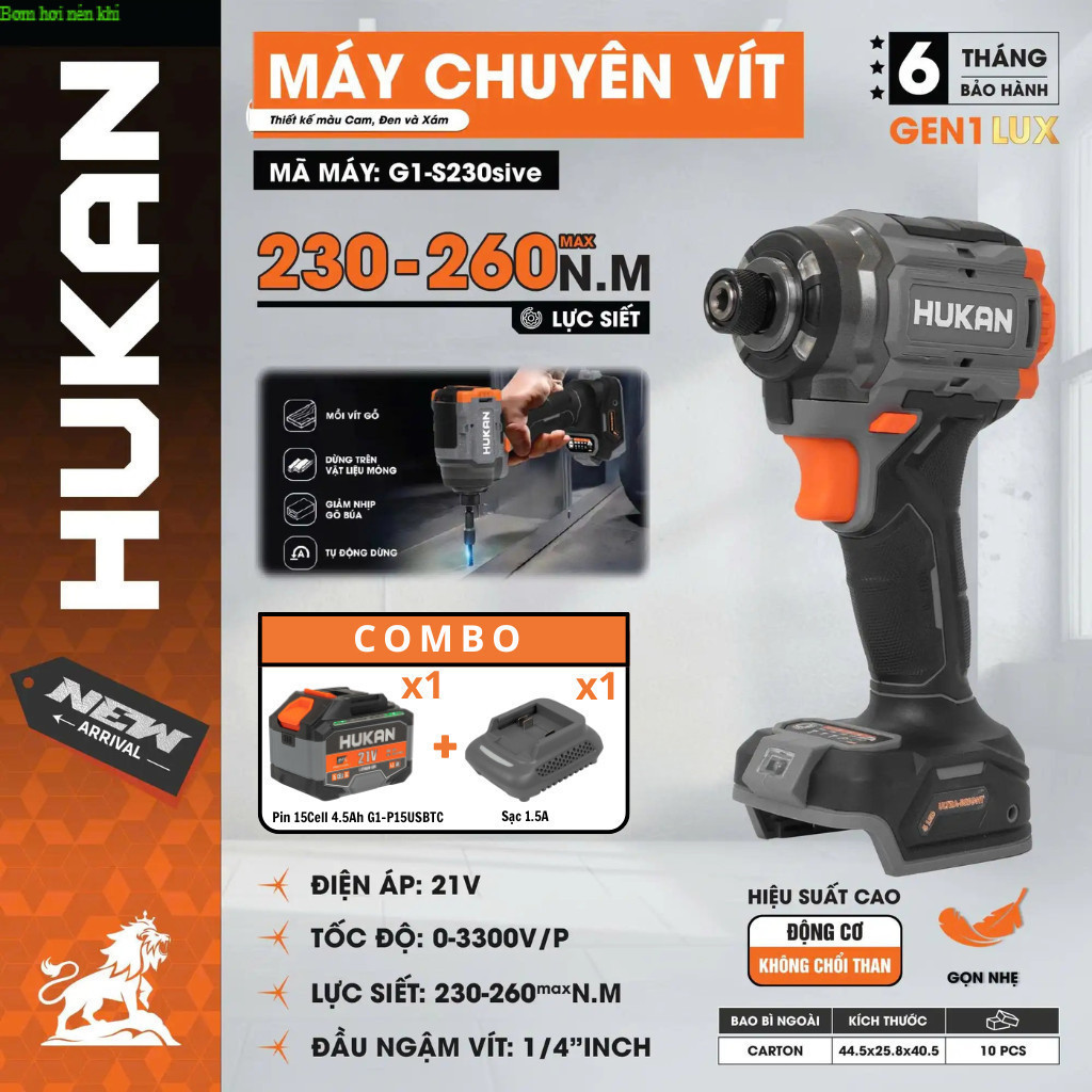 Thân Máy Chuyên Vít Búa Cải Tiến HUKAN G1-S230Sive XÁM , Lực Siết 230–260Nm Max, 4 Tốc Độ, Nén Khí H