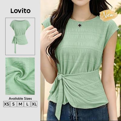 (New Arrival) Lovito Áo blouse xanh lá mùa Xuân/Hè thanh lịch buộc dây phía trước BLB202P2D091