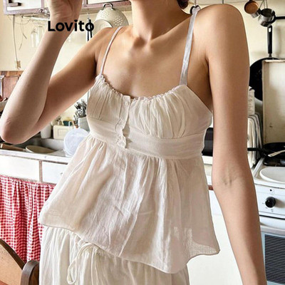 Lovito Áo Tank Top Plain Cold Vai Xếp Ly Nút Tank Top dành cho Nữ LNE71634