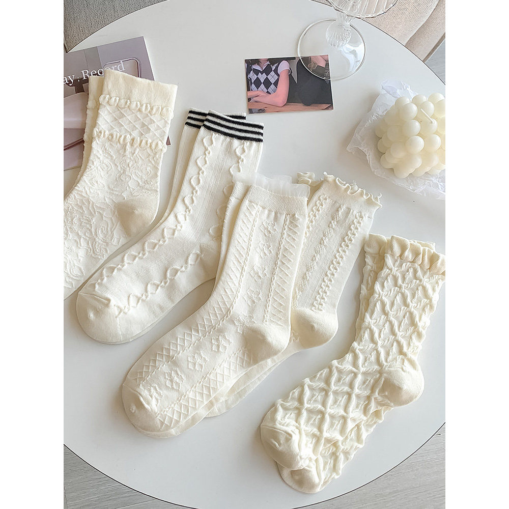 Tất Trắng Nữ Màu Trơn Giữa Ống Tất Cotton Xuân Hè Thể Thao Dễ Thương Nhật Bản Ren JKins Phong Cách P