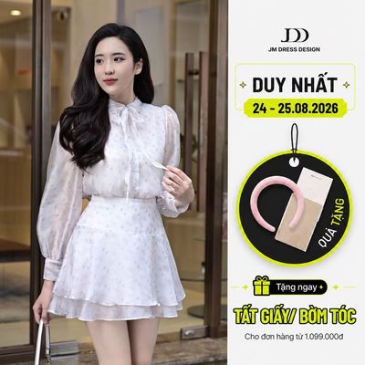 Set Áo sơ mi cổ đức tròn đính nơ họa tiết 2R05.2503OG, Chân váy pattern đổ hai tầng họa tiết 4R02.2503OG, set đồ nữ JM