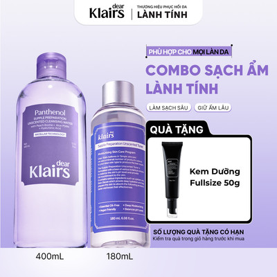 COMBO Dear, Klairs Nước tẩy trang Supple Preparation Unscented Cleansing Water 400ml +Nước hoa hồng Unscented 180ml [FS]