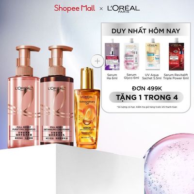 Bộ dầu gội xả ngăn ngừa, chắc & giảm gãy rụng tóc Elseve Full Resist 440mlx2, dầu dưỡng tóc L’oreal Paris Sleek 100ml 