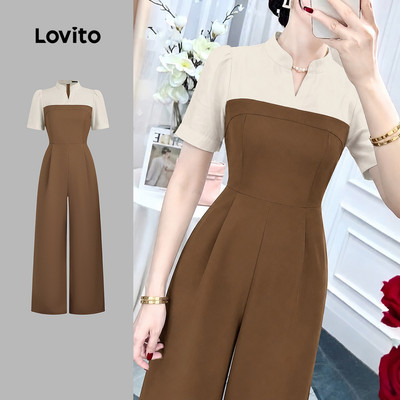 (New Arrival) Lovito Bộ liền nữ màu kaki phong cách thanh lịch giả 2 trong 1 phối màu khóa kéo mùa xuân/hè L195ED036