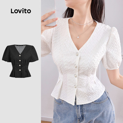 Áo kiểu nữ Lovito vải thô xếp ly nút màu trơn phong cách thường ngày L121AD1118