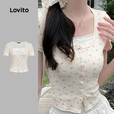 Áo thun Lovito phong cách thường ngày dễ thương giả hai lớp mùa xuân/hè màu trắng ngà cho nữ LK2AD032