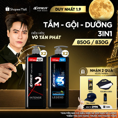 Combo 2 Tắm Gội X-Men for Boss Intense Legend 830g 850g/chai, Hương Nước Hoa Châu Âu