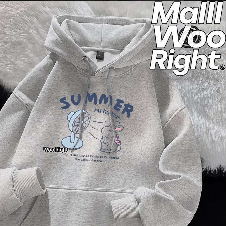 COD Woo Right Áo Hoodie nam màu xám nhạt họa tiết thỏ Wright ngực trái Đừng cô đơn nghĩ về bạn bè