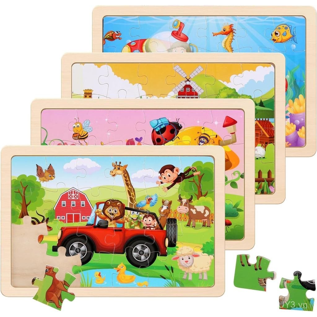 Wooden Puzzles Toys for Kids Ages 3-5, Set of 4 Packs with 20-Piece Farm, Animals Theme Wood Jigsaw 