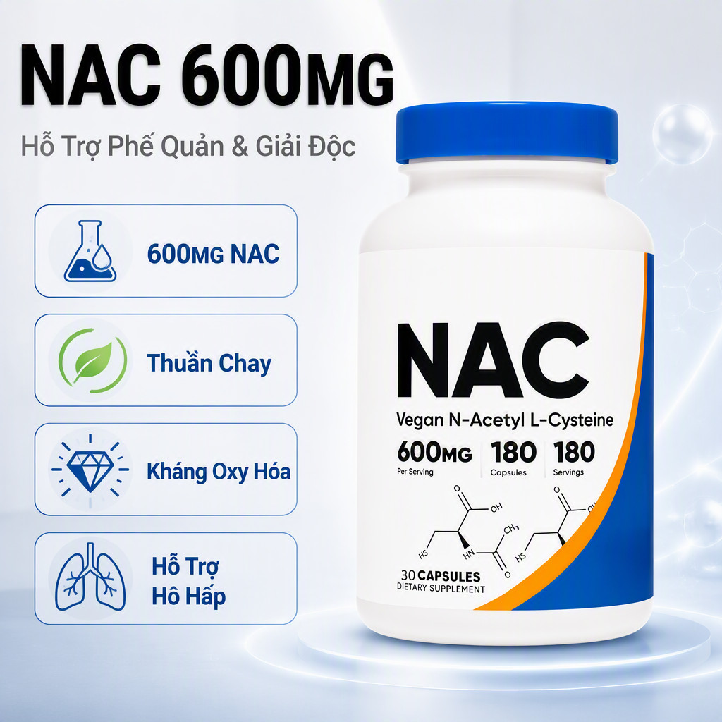 Viên nang NAC N-Acetyl L-Cysteine 600mg Vegan thuần chay 30 viên dùng thử ngắn hạn