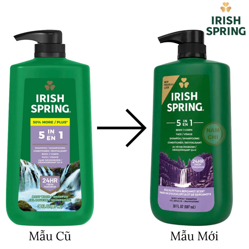 Sản phẩm là sữa tắm gội Irish Spring 5 trong 1, tích hợp dầu gội, dầu xả, sữa tắm, rửa mặt và khử mù