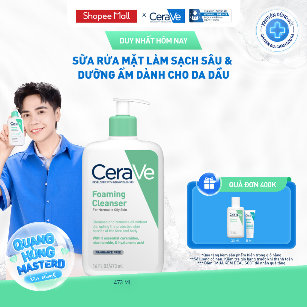 Sữa rửa mặt foaming giúp làm sạch sâu và dưỡng ẩm dịu nhẹ dành cho da dầu - CeraVe Foaming Facial Cleanser 473ML