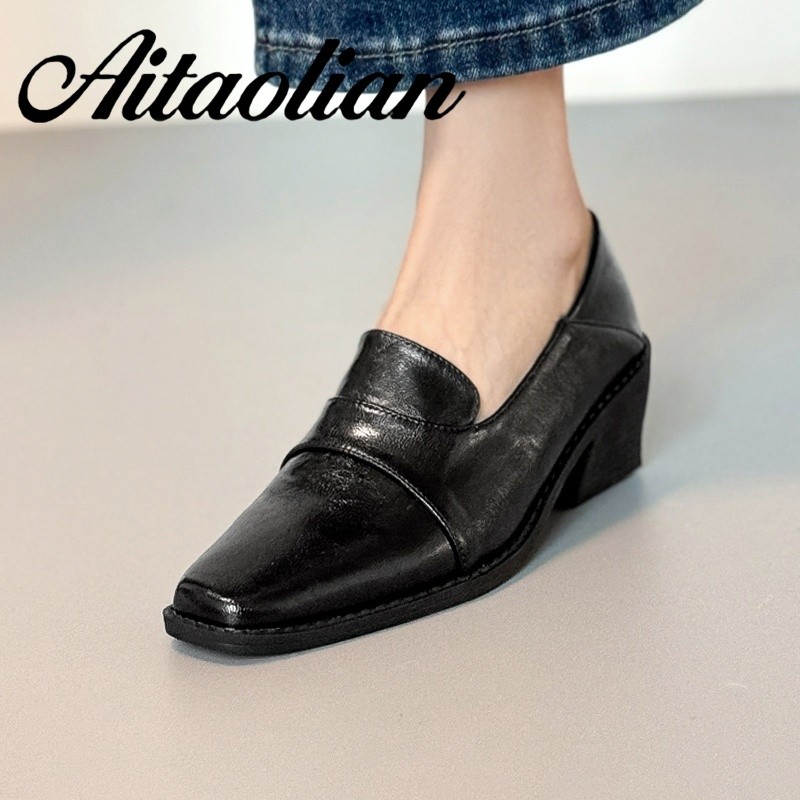 (Size 34-40) Da Thật Chính Hãng Giày Cao Gót Cao 5.5cm Giày Nữ Phong Cách Anh Giày Retro Đen Nữ Giày