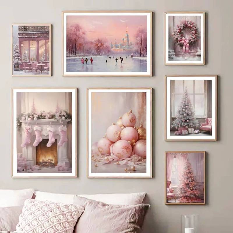 Hồng Giáng Sinh Mùa Đông Ngôi Nhà Tuyết Cổ Tích Poster Không Khung Canvas Treo Tường Nghệ Thuật Tranh Ngày Lễ Trang Trí Nhà