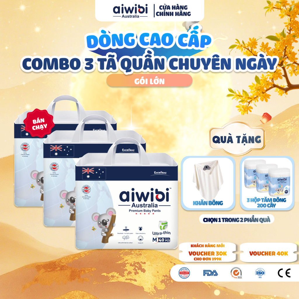 [Combo 3] Tã/Bỉm Quần Cao Cấp Aiwibi Light Feather Cho Bé Siêu Thấm Hút, Chống Tràn - Gói Lớn M/L/XL/XXL/XXXL/XXXXL