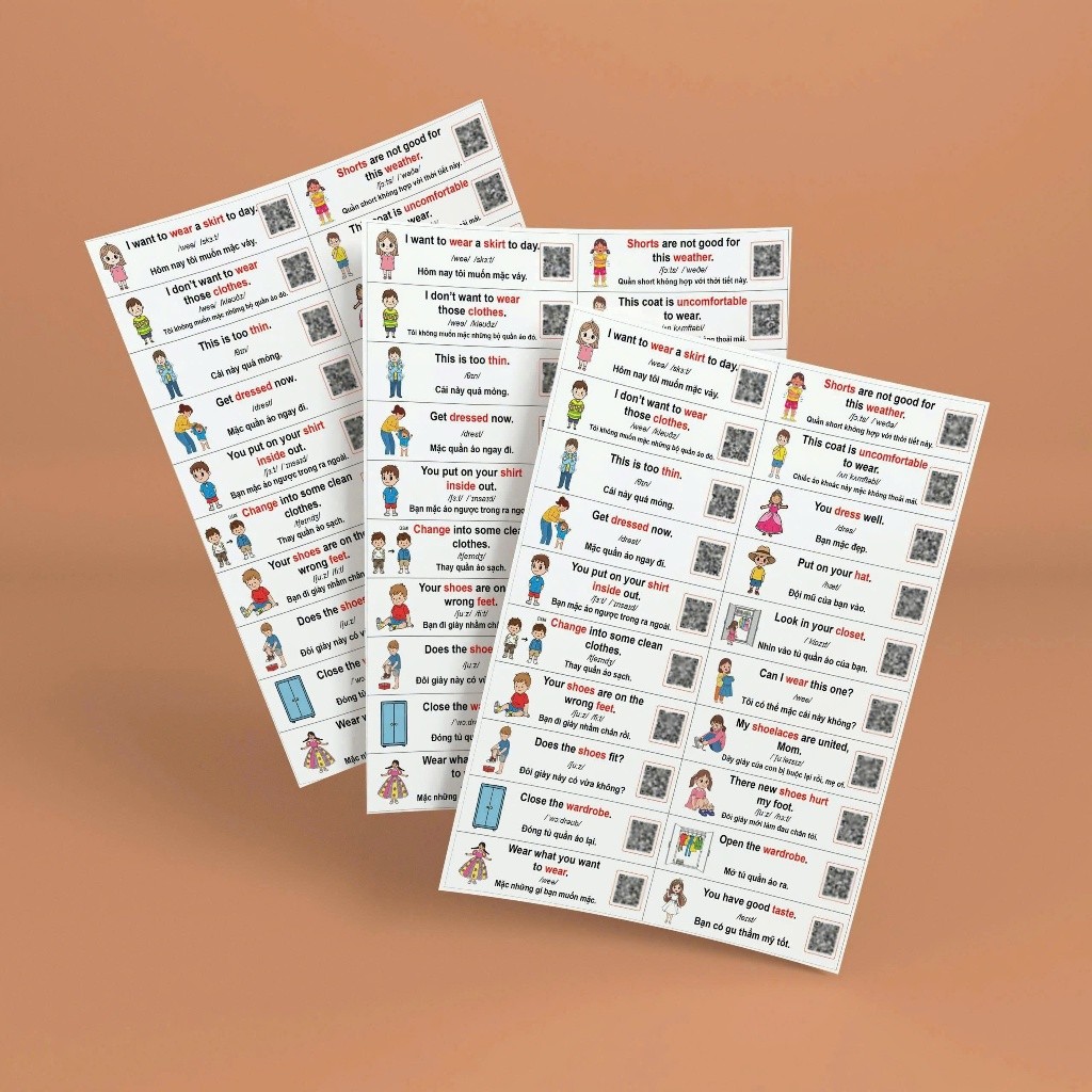 Bộ 1084 Nhãn Dán Sticker Học Tiếng Anh Có Tiếng Việt & QR Code | Sticker Từ Vựng Cho Bé