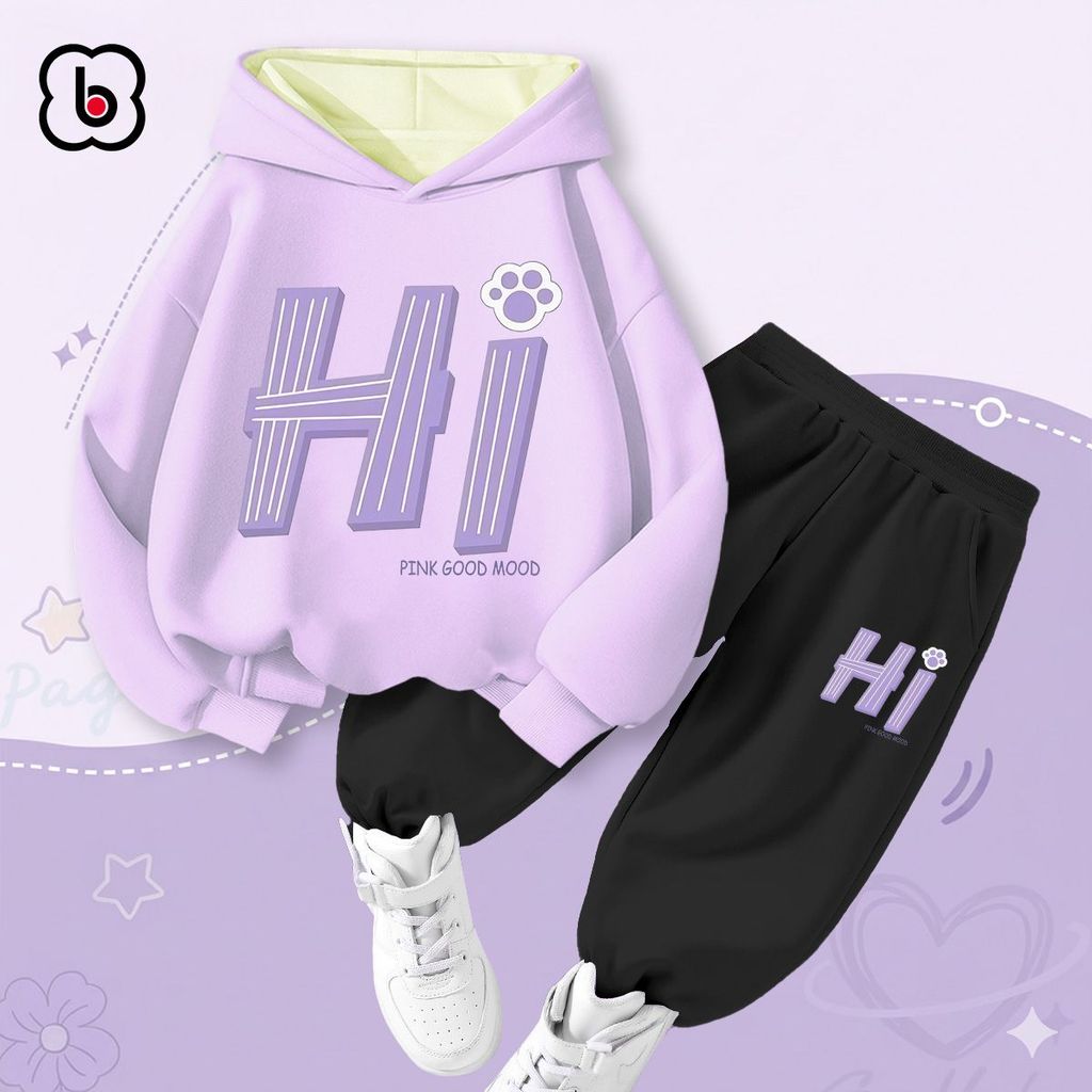 Bộ nỉ đông cho bé gái BabyloveGO đồ bộ thu đông dày dặn, ấm áp, áo hoodie có mũ cho bé 1-10 tuổi