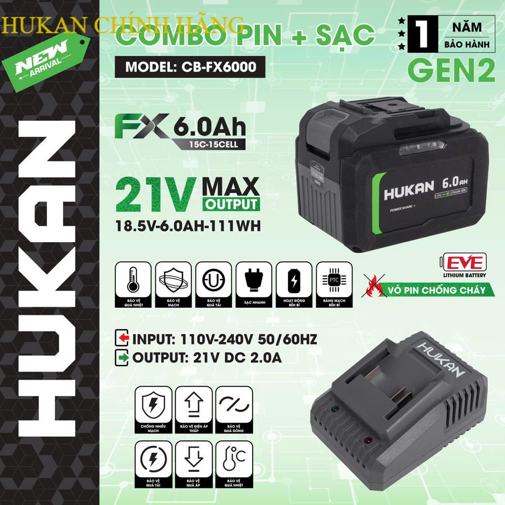 Pin Máy Khoan 15cell - Dòng xã cao  HUKAN CB- FX6000  , Dung Lượng 6Ah HUKAN CHÍNH HÃNG
