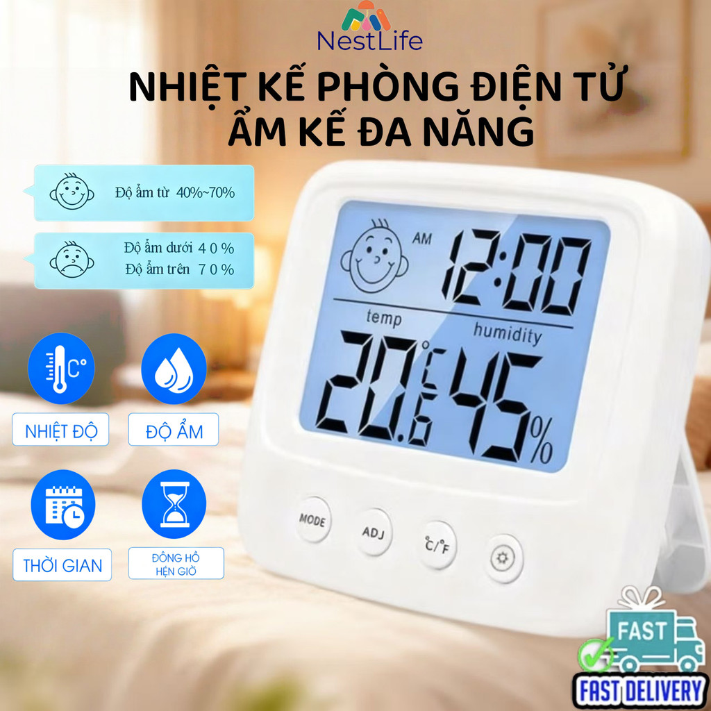 Nhiệt kế điện tử đo nhiệt độ phòng  ẩm kế 3 trong 1 đo độ ẩm phòng ngủ cho bé