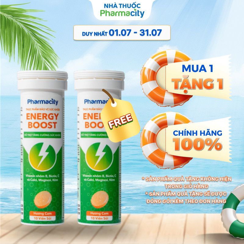 Viên sủi Pharmacity Energy Boost hương cam hỗ trợ tăng cường sức khỏe (Tuýp 10 viên)