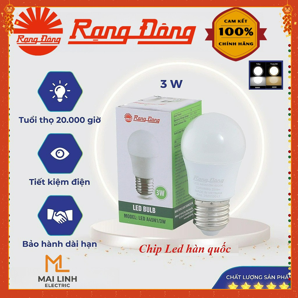 {Rạng Đông} Bóng đèn Led bulb tròn 3W - Đui xoáy E27 siêu sáng, tiết kiệm điện, MODEL Bulb A 3W