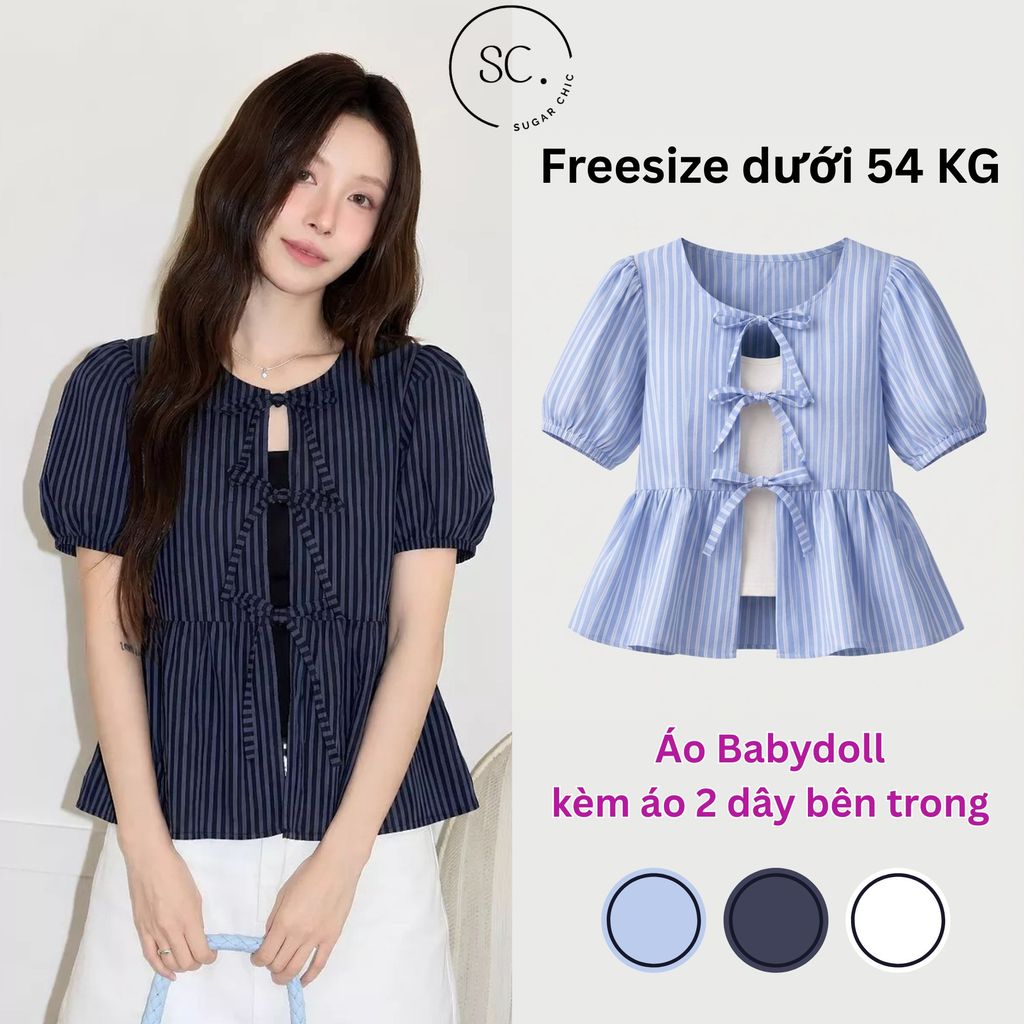 (Tặng kèm áo 2 dây) Áo Babydoll Kẻ Buộc Nơ Tay Phồng, Áo Kiểu Nữ Tay Bồng, Áo babydoll kẻ buộc nơ Je