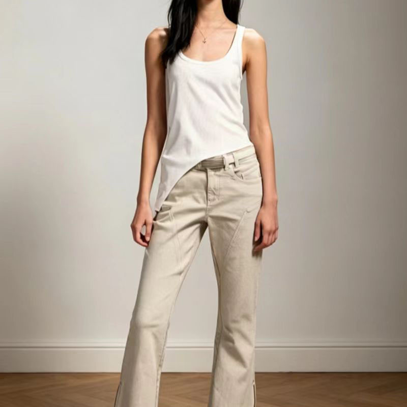 SMFK Nomadic Wind Silk Vest Single-Shoulder Nomadic Style Asymmetrical Hem Top for Summer