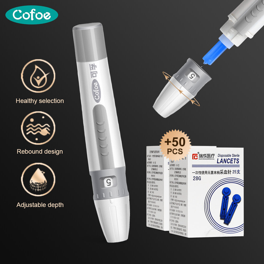 Cofoe Kiểm tra bệnh tiểu đường Lancet Pen Free 50 chiếc Lancet Thiết bị định vị đường huyết