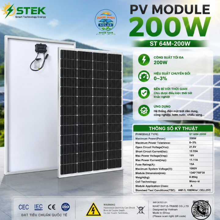 Tấm Pin Năng Lượng Mặt Trời  200W STEK CHÍNH HÃNG CÔNG SUẤT 11BB 18V - ST 64M-200W
