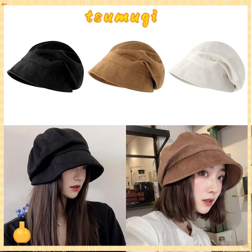 Mũ xô mùa đông TSMUGI, Mũ nồi nữ nghiêng hình bát giác, JK chống lạnh da lộn họa sĩ màu cổ điển Mũ m