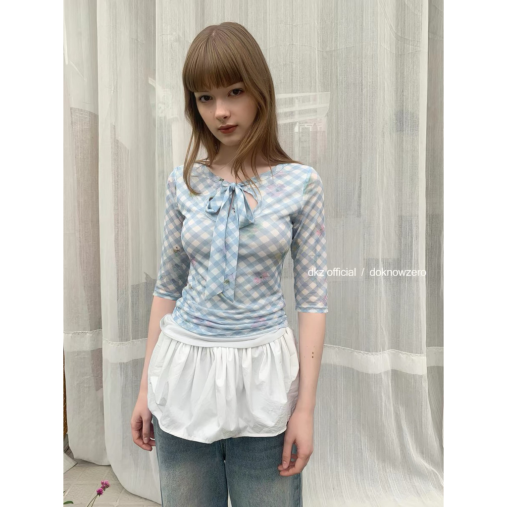 DKZ Lưới Xanh Giả Hai Mảnh Áo Thun Nữ Slim-Fit Retro Kẻ Sọc In Hình Top