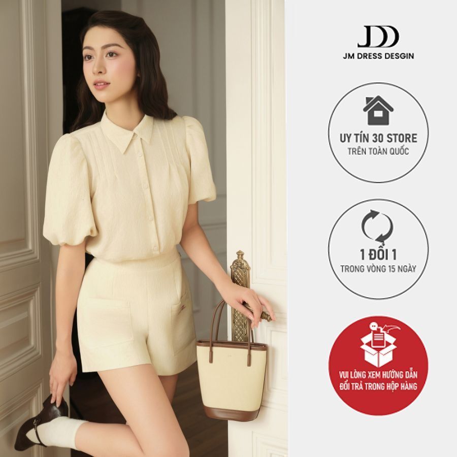 Set áo tay bồng bấu ngực 2T23.2504K + quần short túi vuông 3S09.2504K - Bộ đồ áo sơ mi tay bồng quần