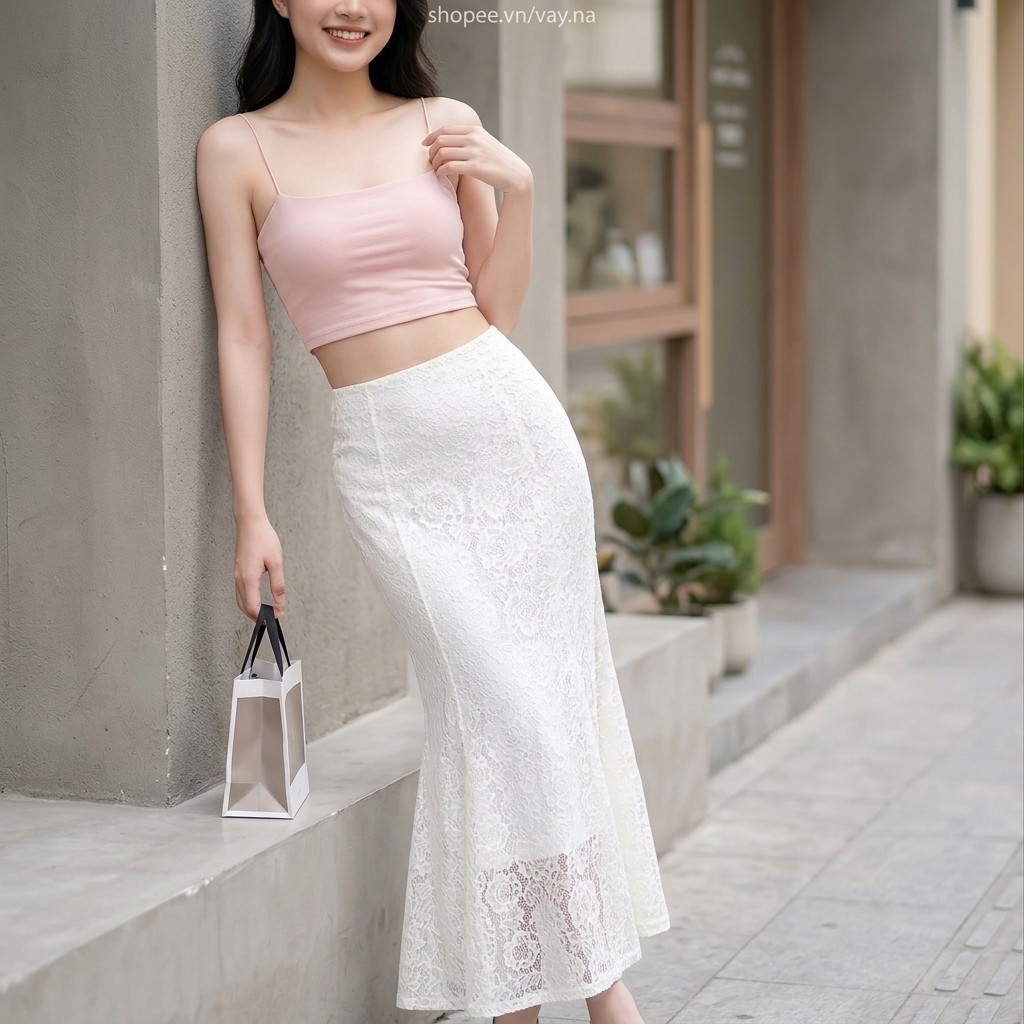 Chân váy ren đuôi cá màu trắng có lớp lót chống chói và dây kéo VIP88