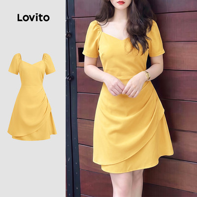 Đầm nữ Lovito vàng xuân hè xếp nếp thanh lịch LK6ED225
