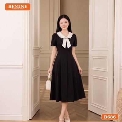 Đầm thiết kế BEMINE cổ chữ V phối tơ in bi dáng chữ A phù hợp đi làm-B686