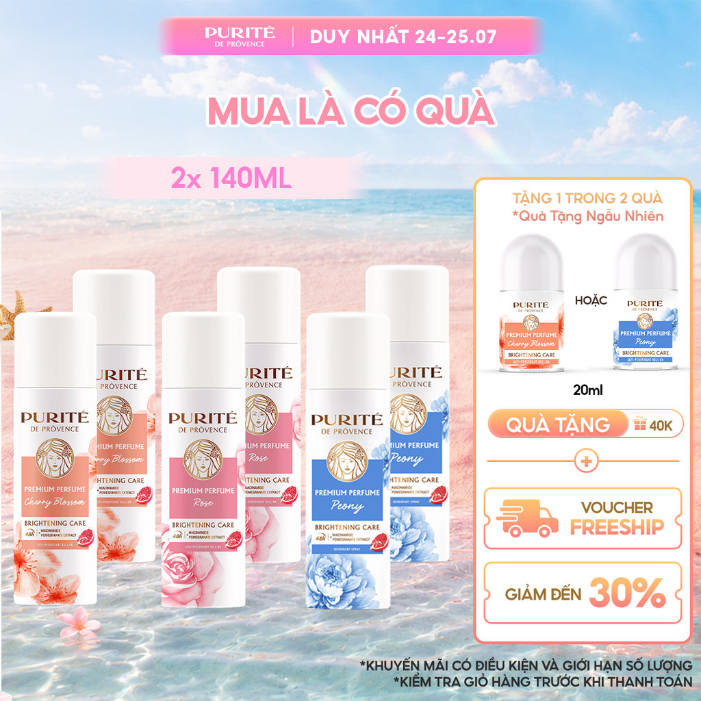Combo 2 Xịt Khử Mùi Dưỡng Sáng PURITÉ Hương Nước Hoa Hoa Anh Đào/Hoa Hồng/Hoa Mẫu Đơn 140ML