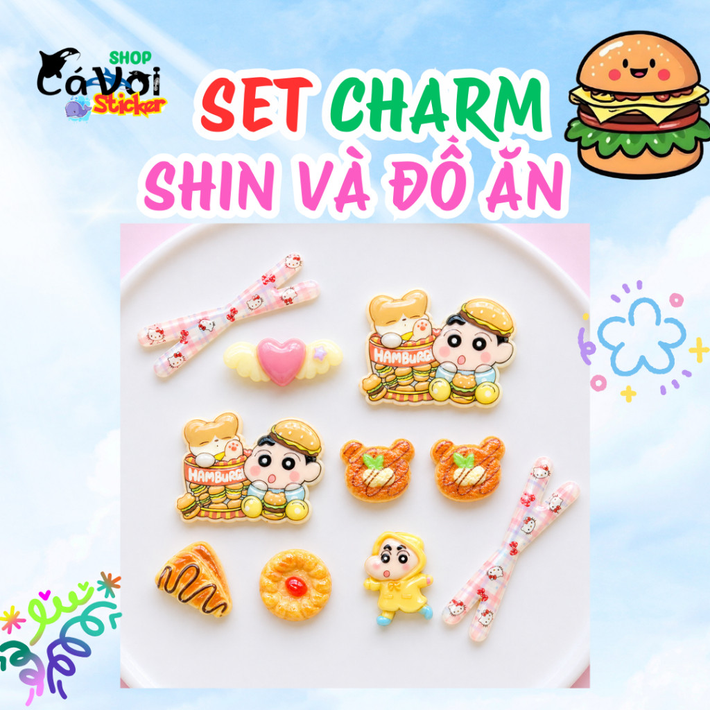 [CHARM MICA]- Set Charm Dép Crocs Shin Cute Chủ Đề Đồ Ăn Kawaii Burger Bánh Ngọt Hello Kitty Phụ Kiệ