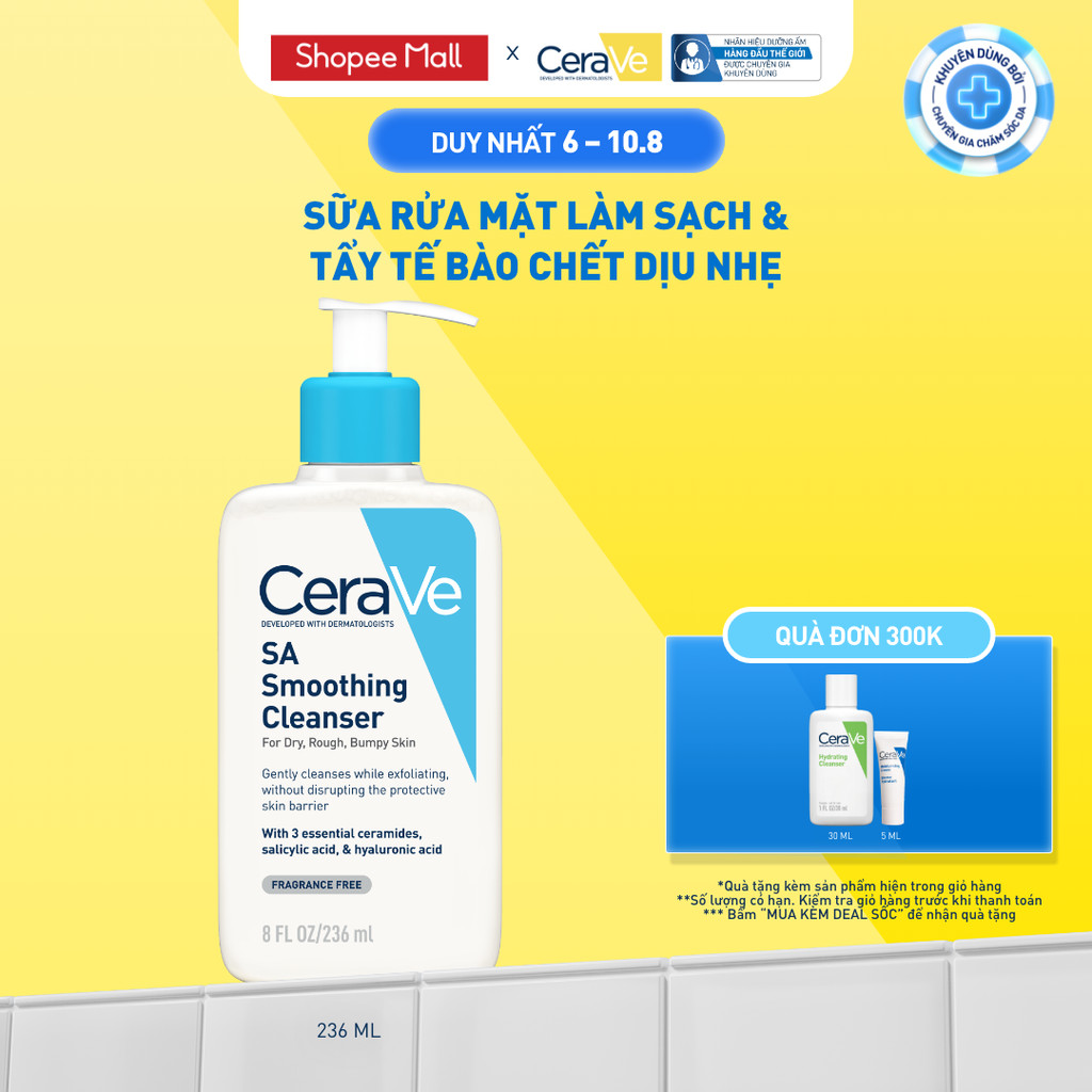 Sữa rửa mặt làm sạch da, loại bỏ dầu thừa và tẩy tế bào chết dịu nhẹ không gây khô da CeraVe SA Smoothing Cleanser 236ML