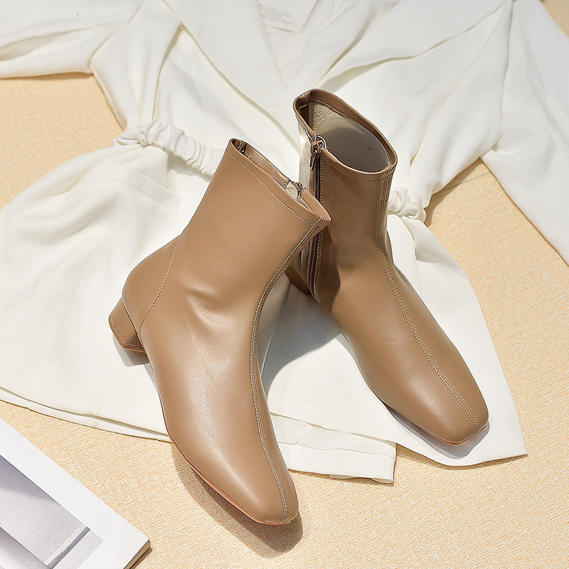 Chunky Heel Ankle Boots, High Heel Stretch Boots, White Square Toe, Fleece-Lined Slim Boots for Wome