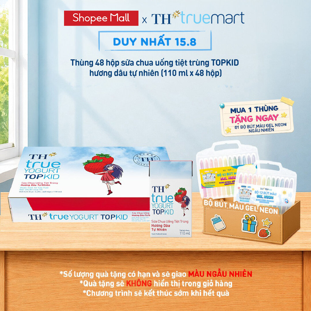 [Livestream] Thùng Sữa Chua Uống Tiệt Trùng TH true YOGURT TOPKID milk Hương Dâu 110ml (48 Hộp)