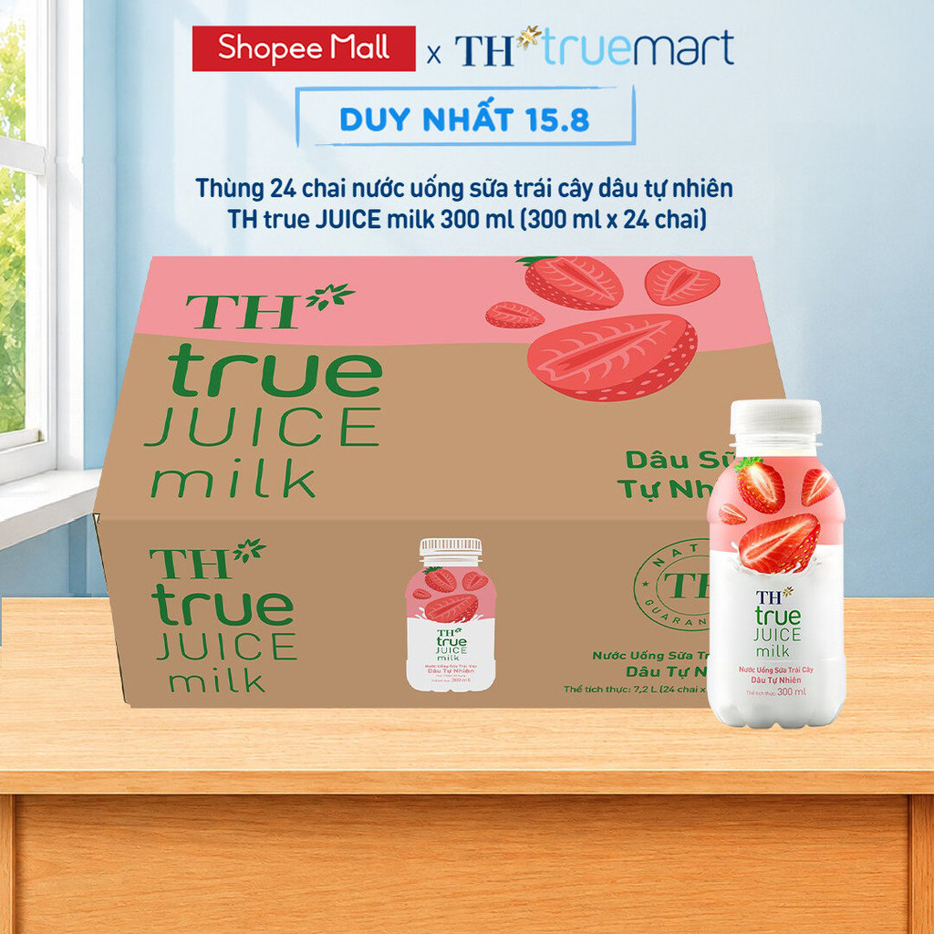 Thùng 24 chai nước uống sữa trái cây TH true JUICE milk dâu tự nhiên 300 ml (300 ml x 24)