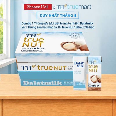 Combo 1 Thùng sữa tươi tiệt trùng tự nhiên Dalatmilk và 1 Thùng sữa hạt mắc ca TH true Nut 180ml x 96 hộp