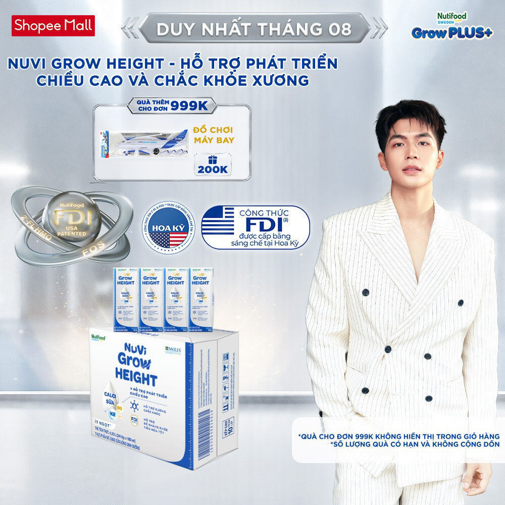 Thùng 24 hộp SBPS Nuvi Grow Height 1+ hỗ trợ phát triển chiều cao hộp 180ml