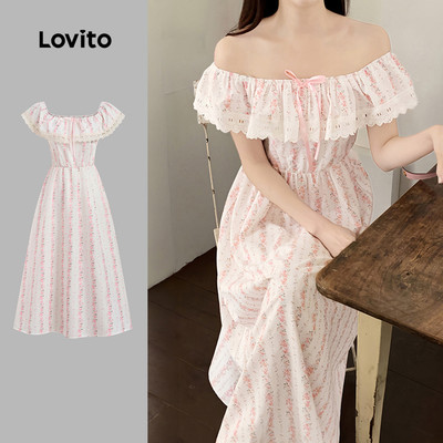 (New Arrival) Lovito Đầm Boho Cổ Ruffle Họa Tiết Hoa Xuân/Hè Màu Hồng Cho Nữ L197AD1145