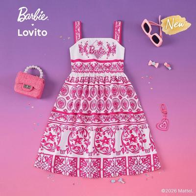 (New Arrival) Barbie™ X Lovito Kids Váy Đầm Dài Nhún Co Bé Gái Xuân/Hè Dáng Xòe LBL5AD031