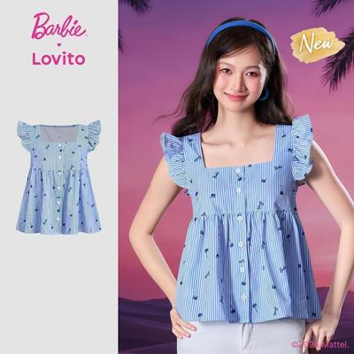 (New Arrival) Barbie™ X Lovito Áo Blouse Nữ Màu Xanh Dương Xuân/Hè Cổ Vuông Tay Ngắn Nón Nhún Xếp Nút Trước Đường Kết Cấu LBL5AD009